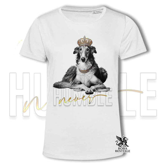 T-shirt stampata con un Levriero Russo Borzoi grigio, colore bianco con grafica Never Humble