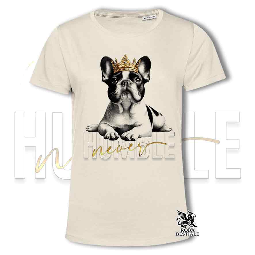 T-shirt stampata con Bouledogue Francais, colore beige con grafica Never Humble