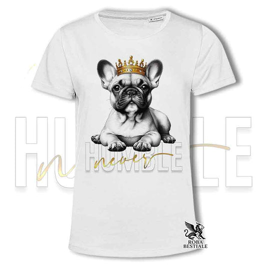 T-shirt stampata con un Bouledogue Francese, colore bianco con grafica Never Humble