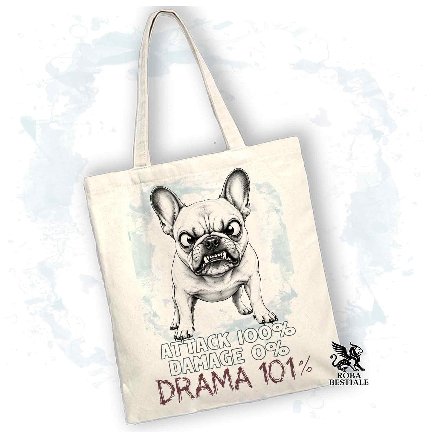 Borsa Tote beige con stampato un Bouledogue Francese, grafica Drama 101 originale di Roba Bestiale