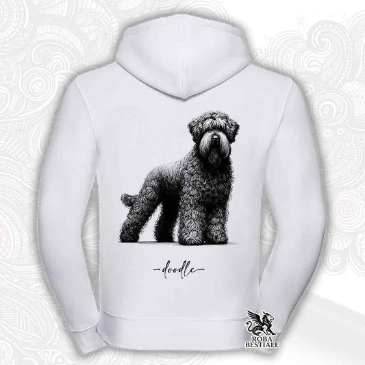 Felpa bianca con cappuccio e zip, stampata con un Bovaro delle Fiandre, grafica Doodle