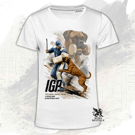 T-shirt bianca stampata con un Boxer in una grafica dedicata all'IGP, collezione Zero DIstance di Roba Bestiale