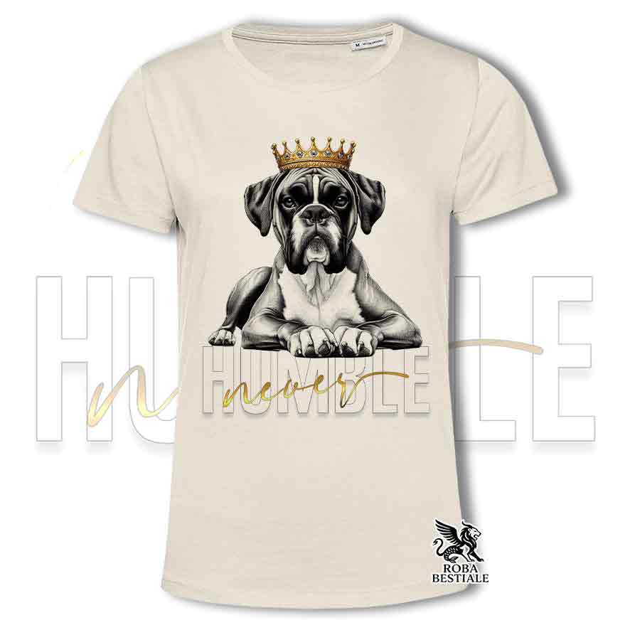 T-shirt stampata con un Boxer fulvo, colore beige con grafica Never Humble