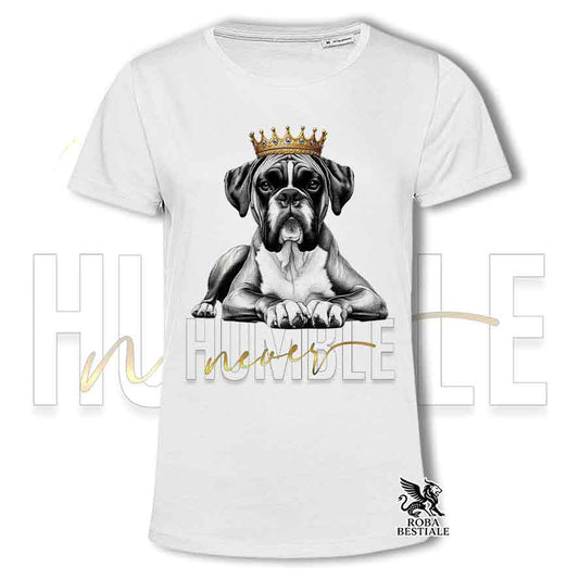 T-shirt stampata con un Boxer fulvo, colore bianco con grafica Never Humble