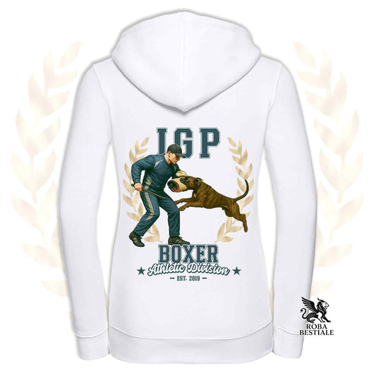Una felpa con cappuccio e zip stampata con un Boxer che fa IGP. Grafica originale Roba Bestiale