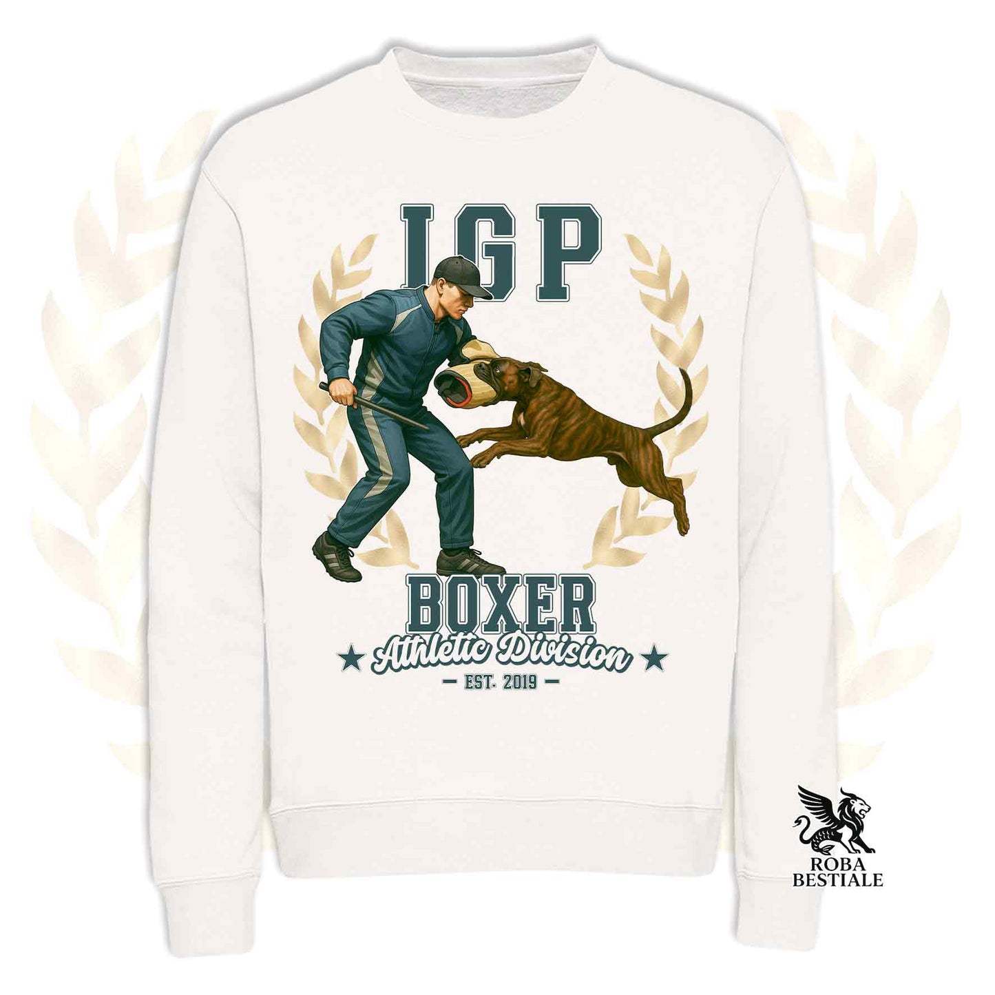 Una felpa girocollo stampata con un Boxer che fa IGP. Grafica originale Roba Bestiale
