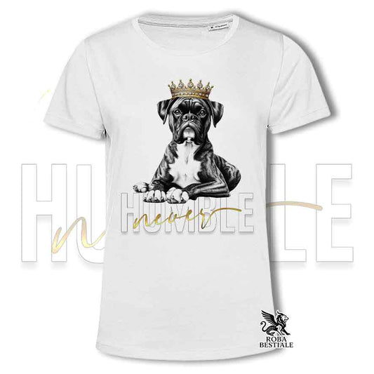 T-shirt stampata con un Boxer tigrato, colore bianco con grafica Never Humble