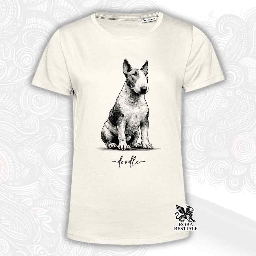 T-shirt beige stampata con un Bull Terrier, grafica Doodle