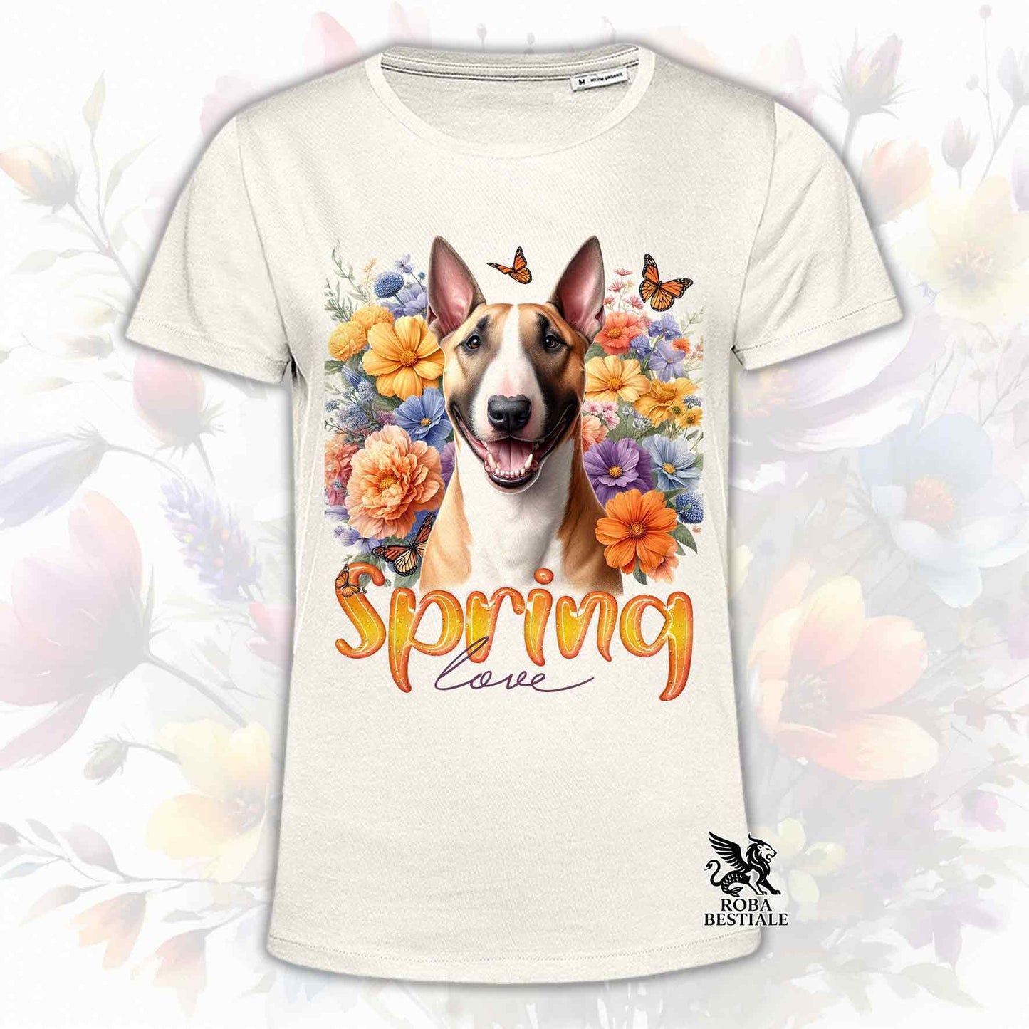 Una t-shirt beige stampata con un Bull Terrier immerso nei fiori colorati. Collezione Spring Love di Roba Bestiale