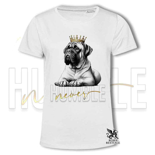 T-shirt stampata con un Bullmastiff, colore bianco con grafica Never Humble