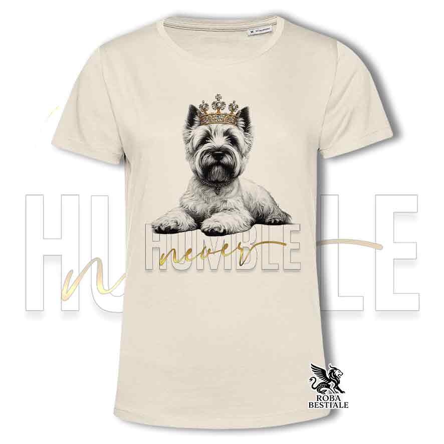 T-shirt stampata con un Cairn Terrier grano, colore beige con grafica Never Humble