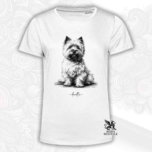 T-shirt bianca stampata con un Cairn Terrier, grafica Doodle