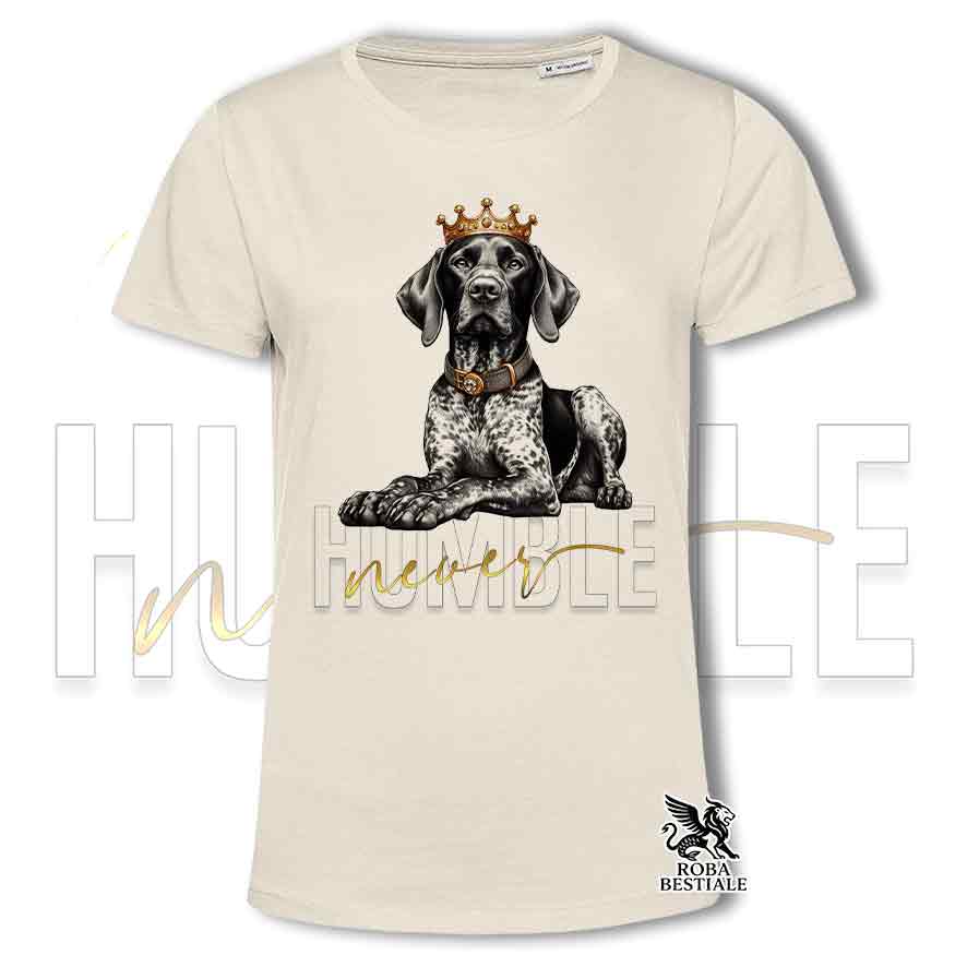 T-shirt stampata con un Kurzhaar, colore beige con grafica Never Humble