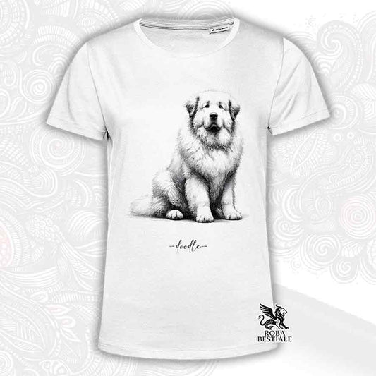 T-shirt bianca stampata con un Cane da Montagna dei Pirenei, grafica Doodle