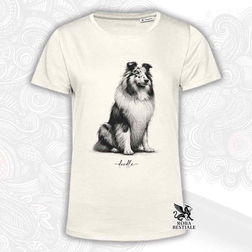 T-shirt beige stampata con un Cane da Pastore Scozzese a pelo lungo, grafica Doodle