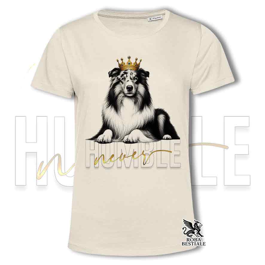 T-shirt stampata con un Cane da Pastore Scozzese a pelo lungo, colore beige con grafica Never Humble
