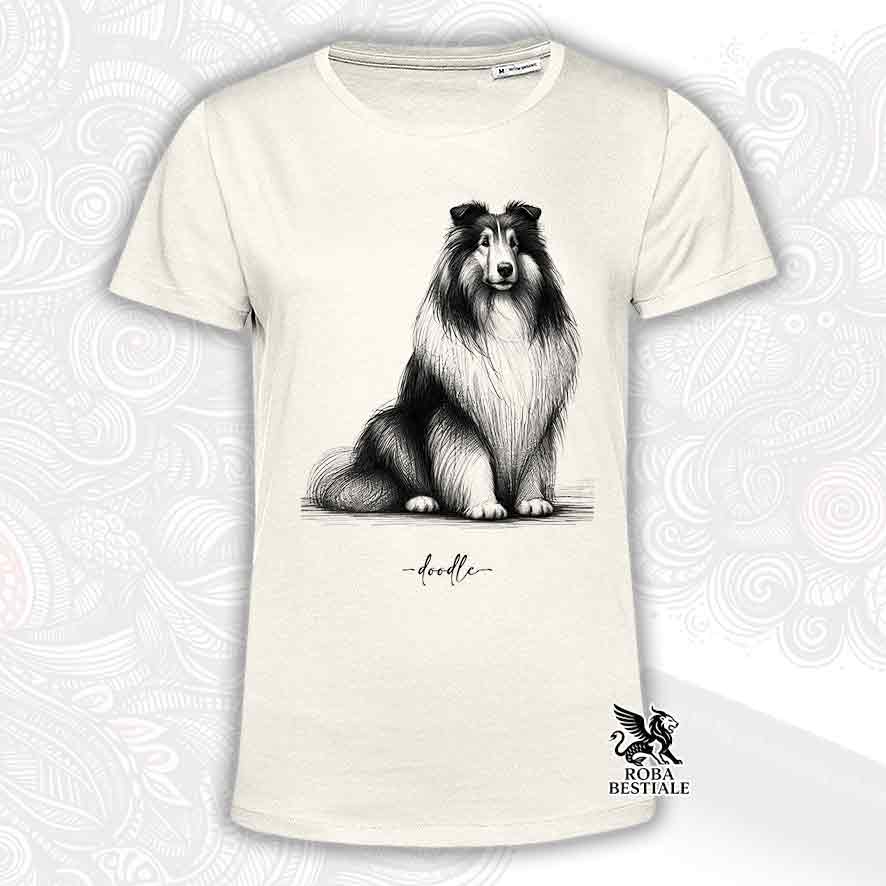 T-shirt beige stampata con uno Cane da Pastore Scozzese a pelo lungo, grafica Doodle