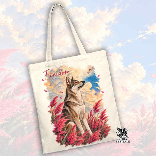Shopper bianca con stampa Freedom, cane lupo cecoslovacco tra fiori e logo ROBALE BESTIALE