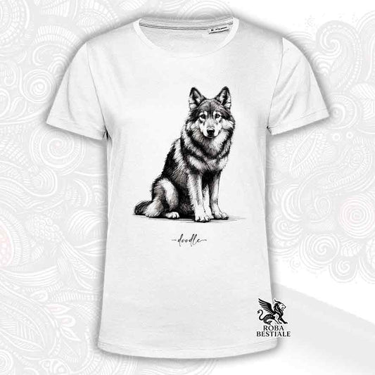 T-shirt bianca stampata con un Cane Lupo Cecoslovacco, grafica Doodle