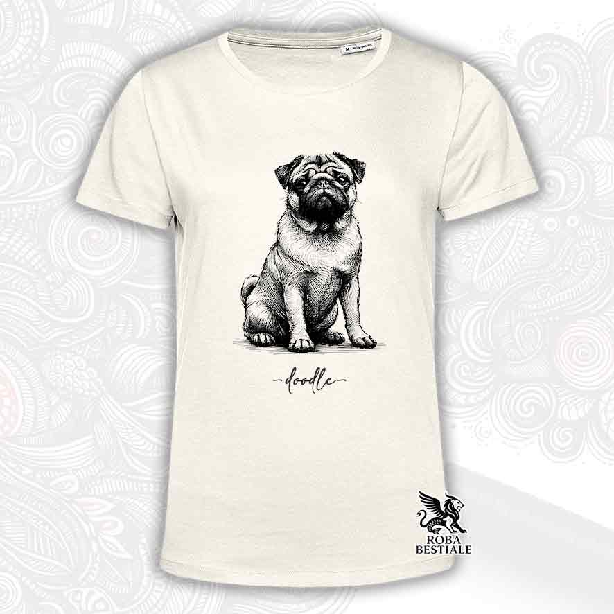T-shirt beige stampata con un Carlino, grafica Doodle