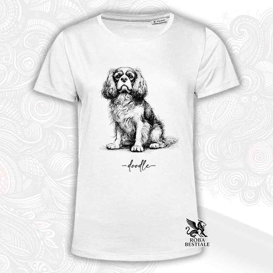 T-shirt bianca stampata con un Cavalier King Charles Spaniel, grafica Doodle