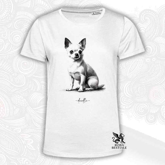 T-shirt bianca stampata con un Bull Terrier, grafica Doodle