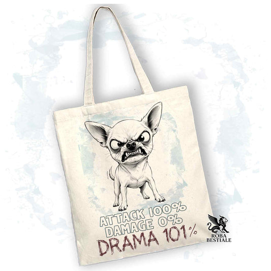 Borsa Tote bianca con stampata un Chihuahua a pelo corto, grafica Drama 101 originale di Roba Bestiale
