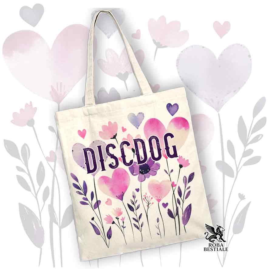 Borsa shopper beige stampata con una grafica dedicata al Disc Dog, collezione Candy