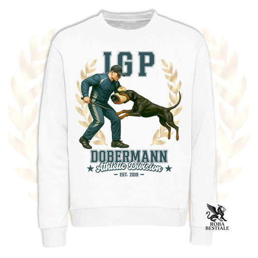 Una felpa girocollo stampata con un Dobermann che fa IGP. Grafica originale Roba Bestiale