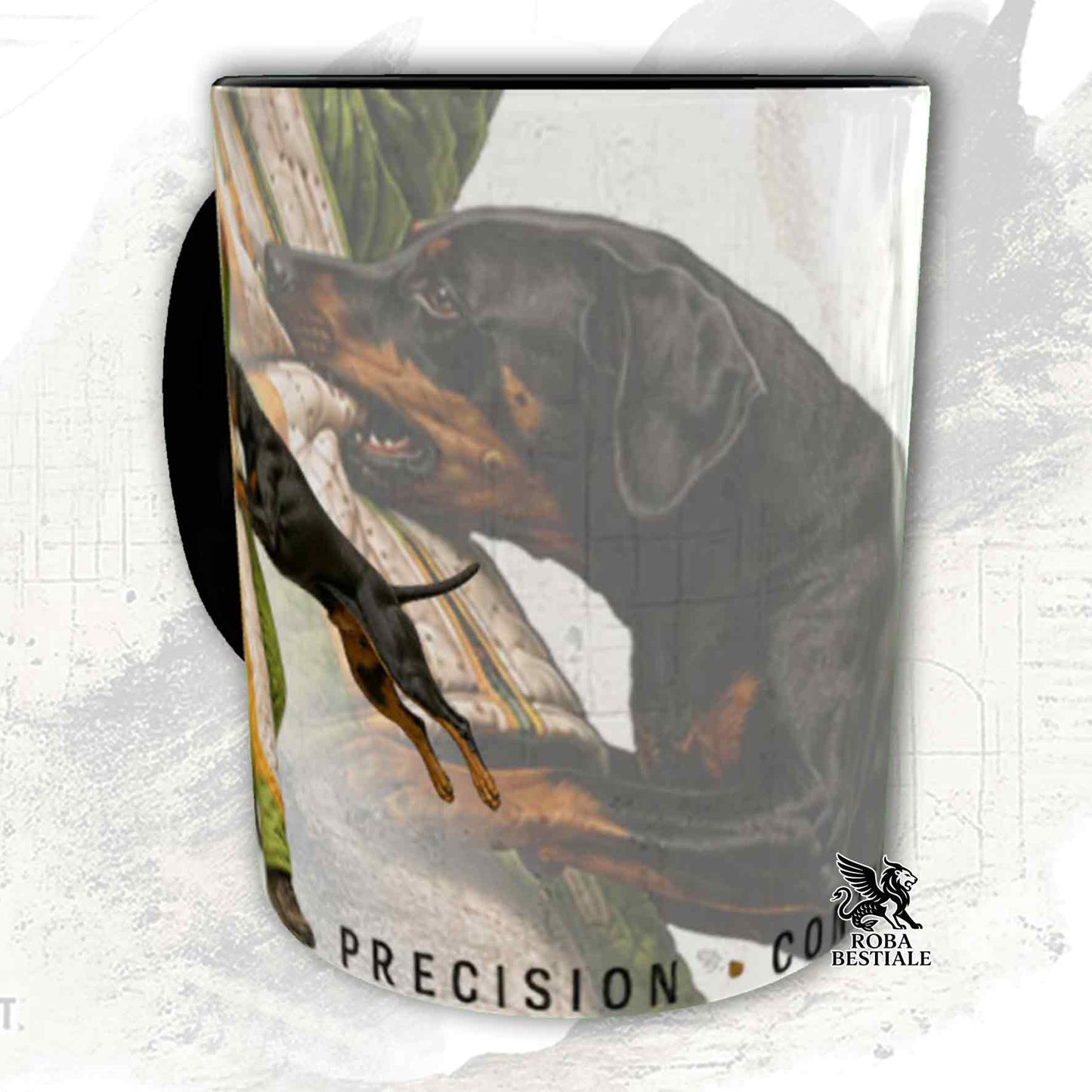 Tazza bianca con dettagli neri stampata una grafica originale di Roba Bestiale con un Dobermann che fa Mondioring