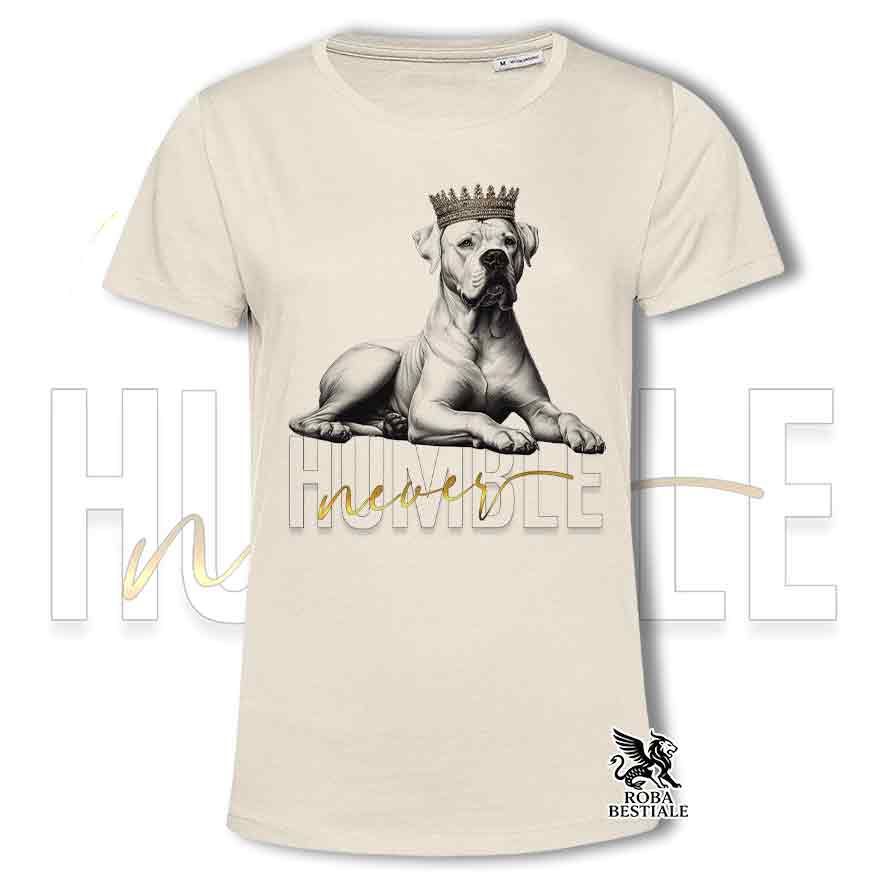 T-shirt stampata con un Dogo Argentino, colore beige con grafica Never Humble