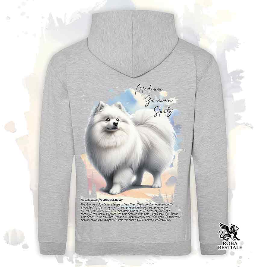 Felpa con cappuccio Spitz Tedesco Medio bianco, colore grigio con grafica Behavior