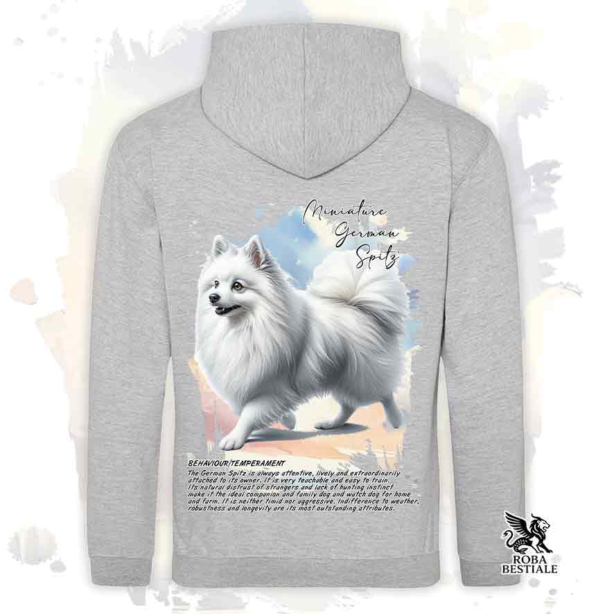 Felpa con cappuccio Spitz Tedesco Piccolo bianco, colore grigio con grafica Behavior
