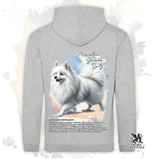 Felpa con cappuccio Spitz Tedesco Piccolo bianco, colore grigio con grafica Behavior
