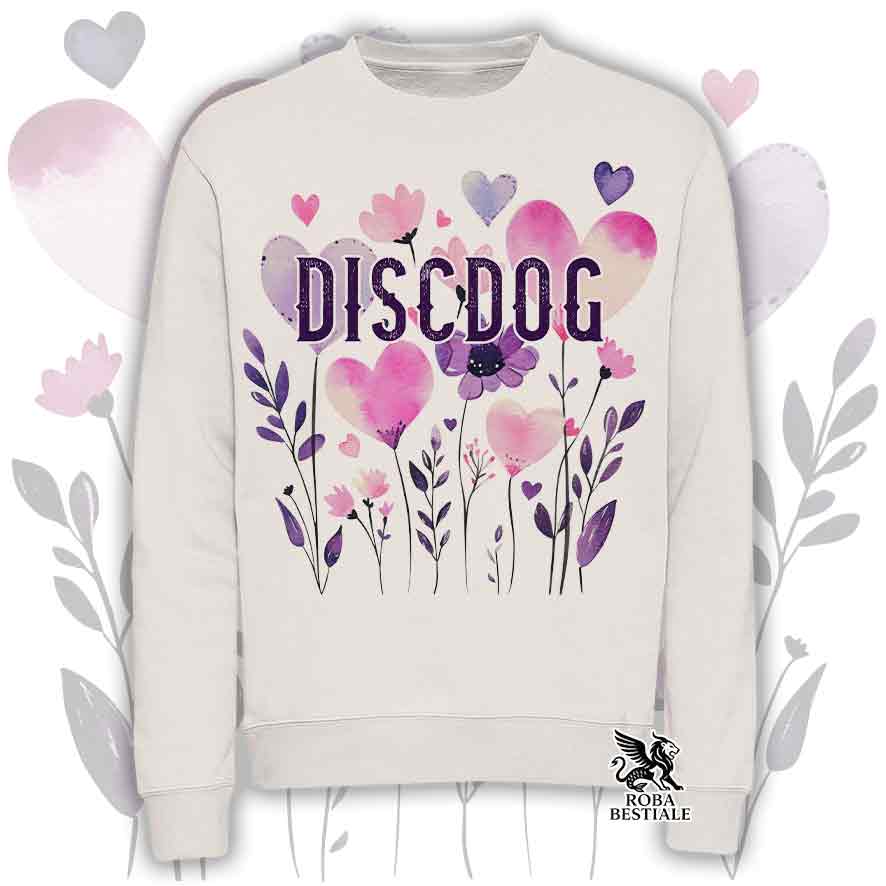 Felpa girocollo beige stampata con una grafica dedicata al Disc Dog, collezione Candy