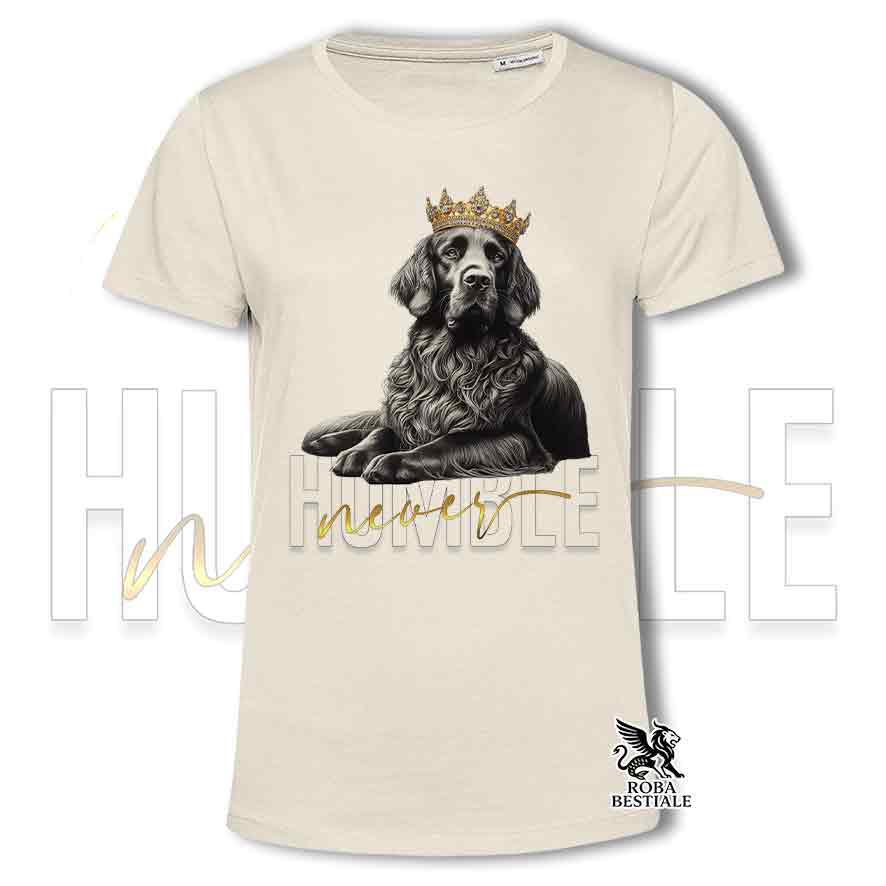 T-shirt stampata con un Flat Coated Retriever, colore beige con grafica Never Humble