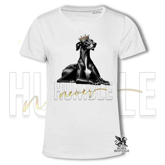 T-shirt stampata con un Galgo Espanol, colore bianco con grafica Never Humble