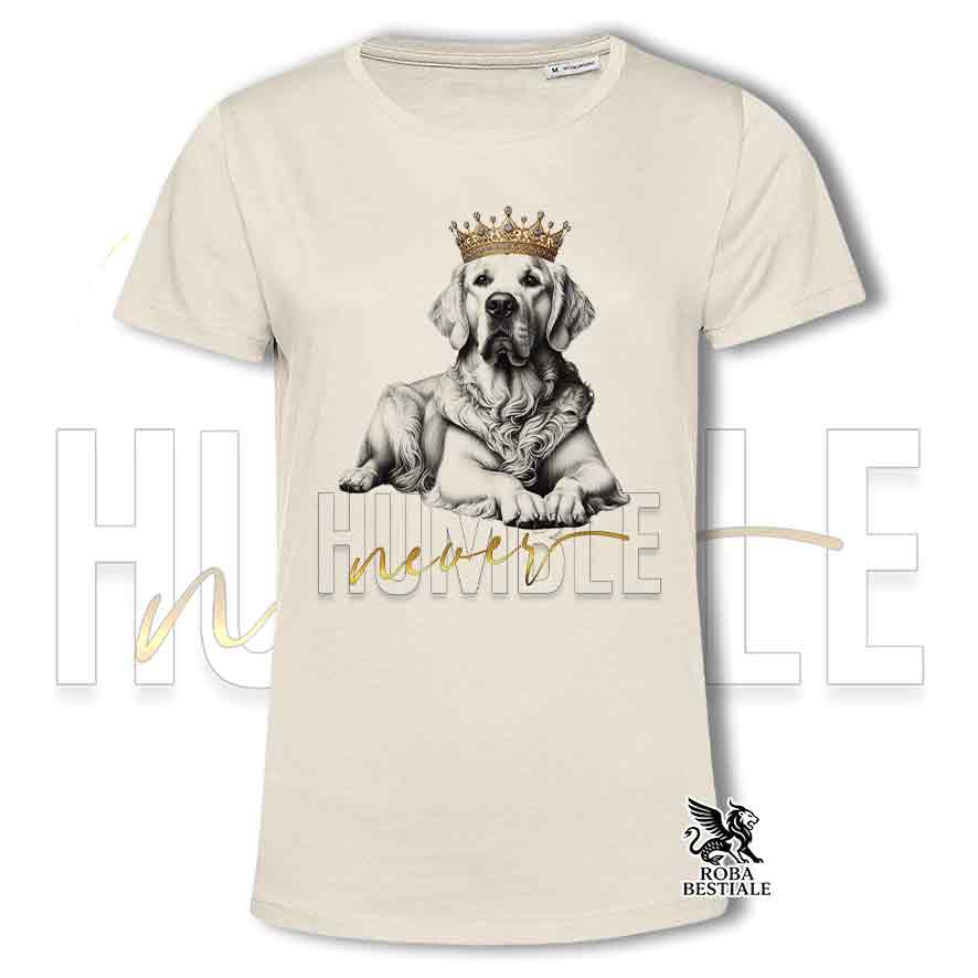 T-shirt stampata con un Golden Retriever, colore beige con grafica Never Humble