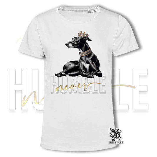 T-shirt stampata con un Greyhound, colore bianco con grafica Never Humble
