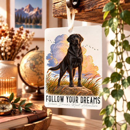 Car Air Freshener QUOTES "DREAM" - Black LABRADOR RETRIEVER - Felt, with cord - 7.5 x 10 cm