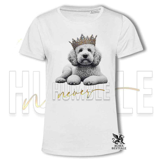 T-shirt stampata con un Lagotto Romagnolo bianco, colore bianco con grafica Never Humble