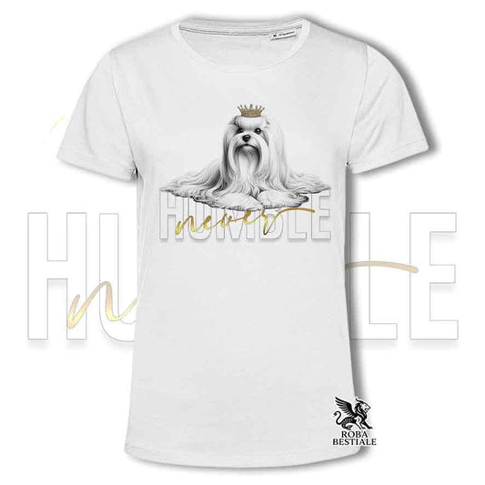 T-shirt stampata con un Maltese, colore bianco con grafica Never Humble