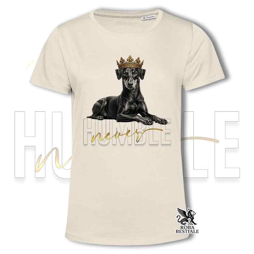 T-shirt stampata con un Manchester Terrier, colore beige con grafica Never Humble