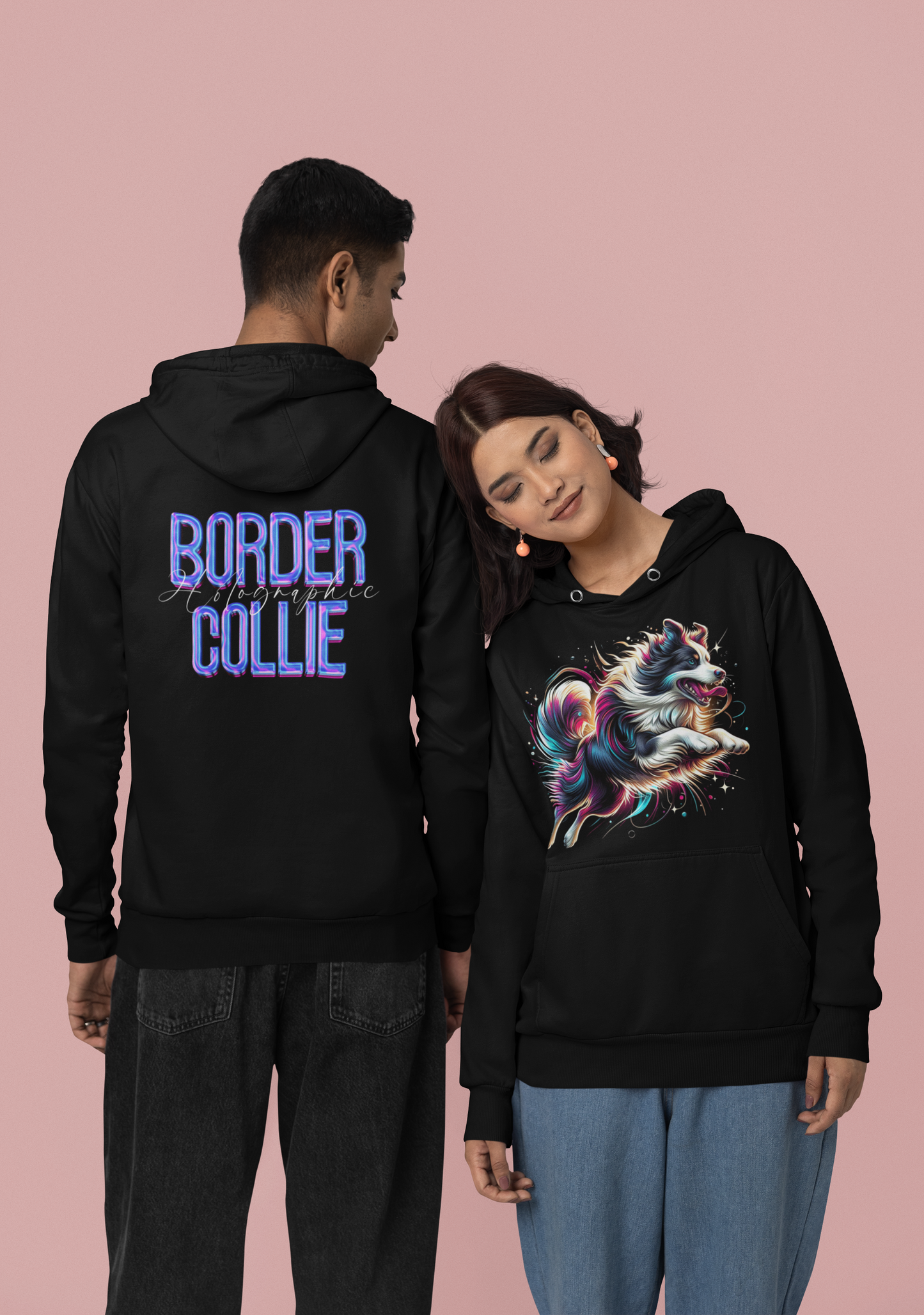 Felpa Invernale HOLO - BORDER COLLIE Bianco & Nero - Con Cappuccio, Unisex - Nera - dalla XS alla 3XL