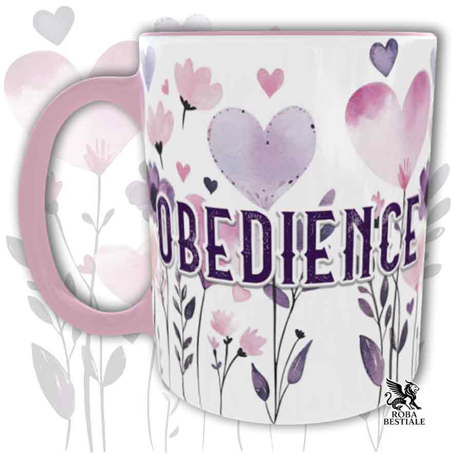 Tazza con dettagli rosa stampata con una grafica dedicata all'Obedience, collezione Candy
