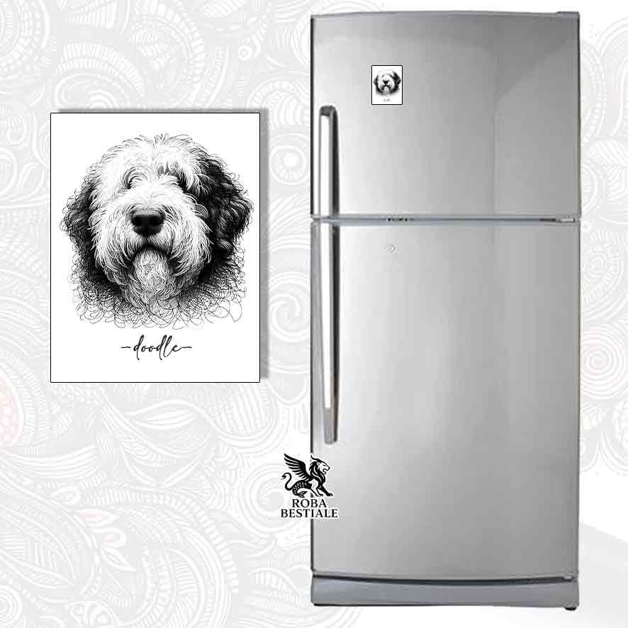Calamita bianca stampata con un Old English Sheepdog, grafica Doodle, messa su un frigorifero