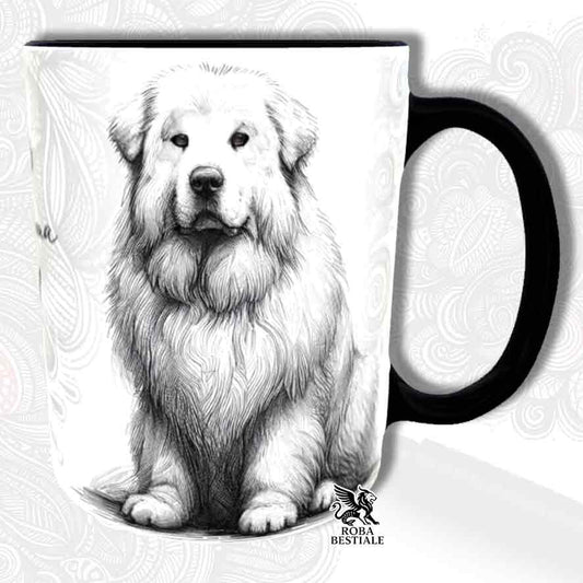 Tazza bianca con dettagli neri, stampata con un Pastore Abruzzese Maremmano, grafica Doodle