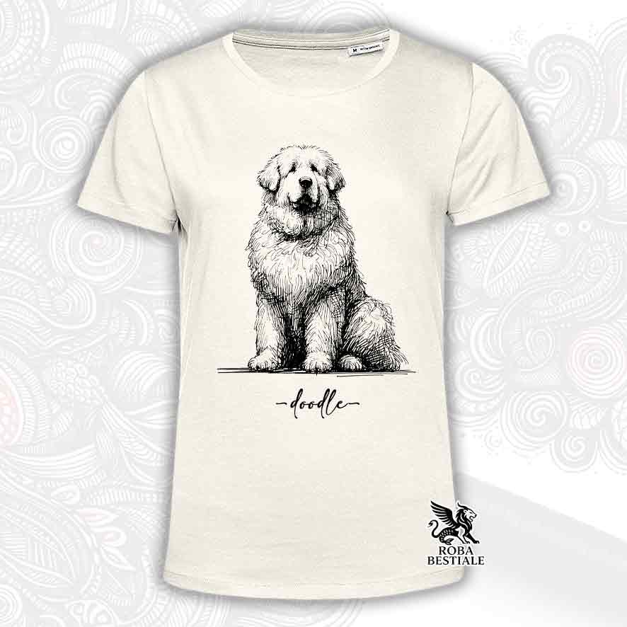 T-shirt beige stampata con un Pastore Abruzzese Maremmano, grafica Doodle