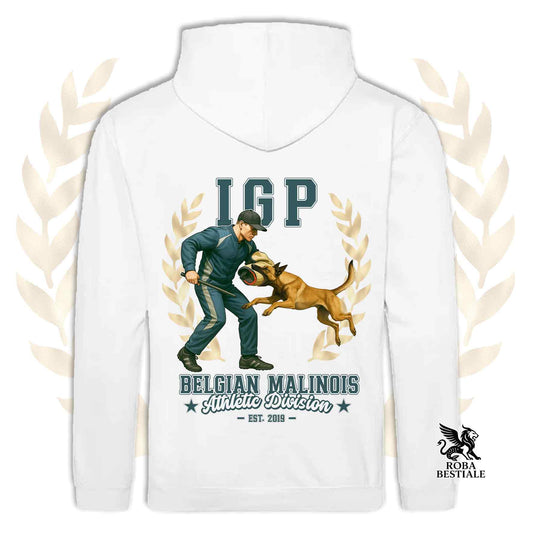 Una felpa con cappuccio e tasconi stampata con un Pastore Belga Malinois che fa IGP. Grafica originale Roba Bestiale