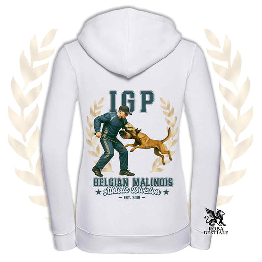Una felpa con cappuccio e zip stampata con un Pastore Belga Malinois che fa IGP. Grafica originale Roba Bestiale